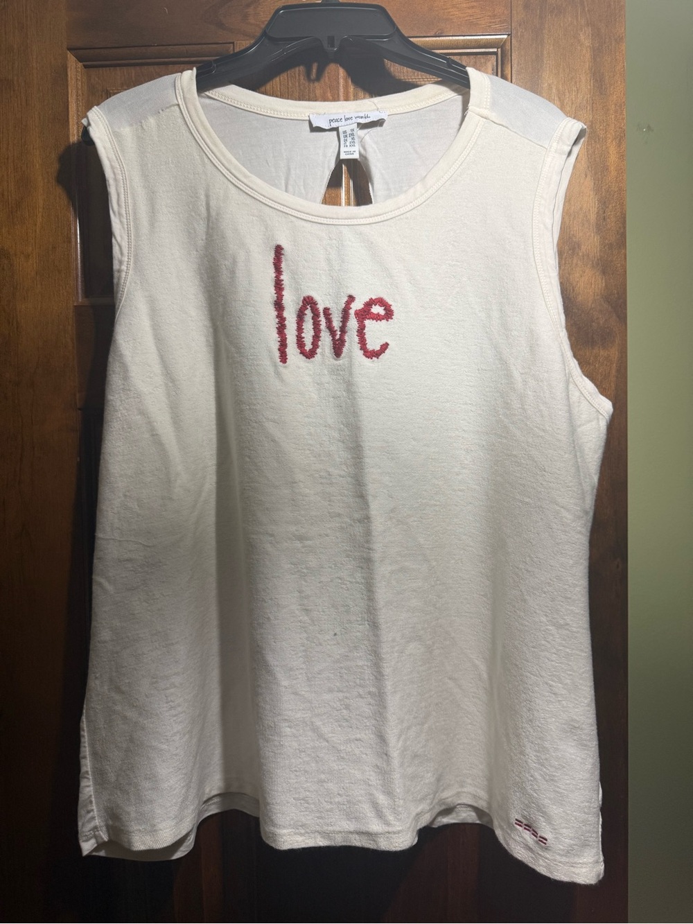 Peace Love World Cream Tank with Red "love" Embroidery